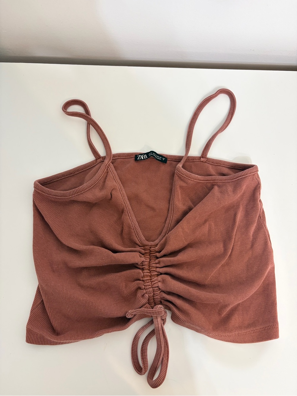 Zara Ruched Ribbed Spaghetti Strap Crop Top in Rust